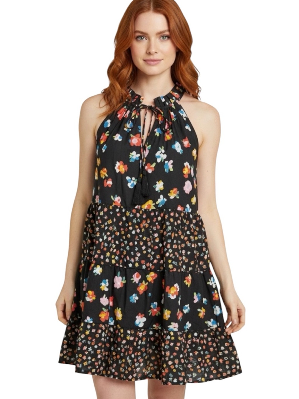 Mud Pie 100% Cotton Boho Ruffle Black Halter Dress Multicolor Floral Dots Small